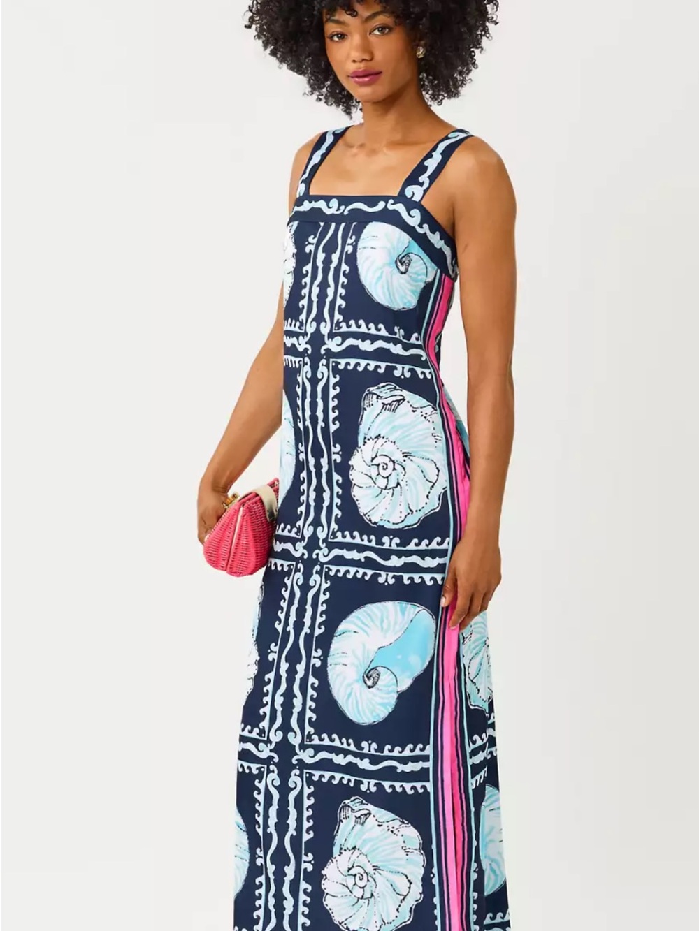 Lilly Pulitzer Navy Maxi Dress with Aqua Shell Print and Pink Stripe 2026